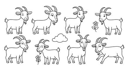 Group of happy and playful goats in various standing and walking poses, with small clouds and flowers on an isolated white background, for coloring.