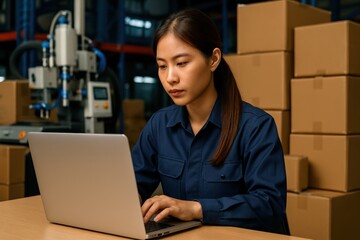 Industrial laptop battery. A woman works on a laptop in a warehouse environment surrounded by cardboard boxes.