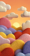 Colorful, fluffy hills and clouds at sunset