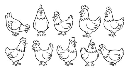 Outline drawing of domestic chickens in various poses on isolated white background for coloring book