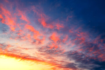 Beautiful sky with clouds at sunset. Summer time. Summer background. Beauty of earth.