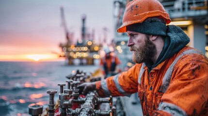 an industrial worker intently inspecting equipment at an offshore oil rig, illuminated by the warm glow of the sunrise.