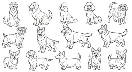 Cute Cartoon Dogs of Various Breeds Outline for Coloring Book on Isolated White Background