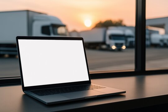 Industrial laptop battery. Laptop on a desk with a sunset view and trucks in the background.