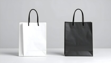 mockup of white and black paper shopping bags template with handles, with front view, ideal for branding .