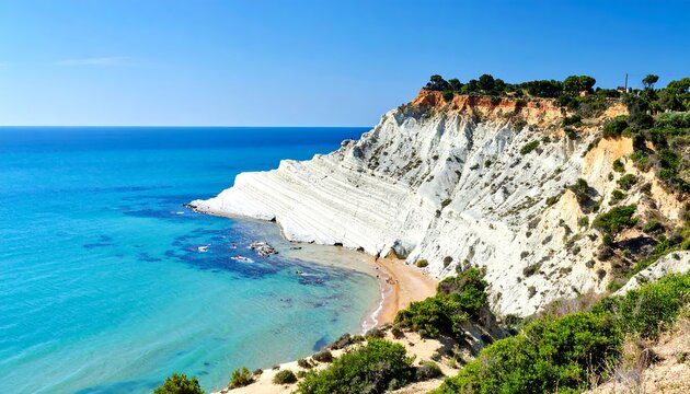 Scala dei Turchi White Cliffs and Turquoise Sea in Sicily Italy.