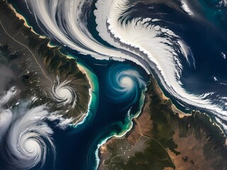 Satellite-inspired abstract art, swirling cloud formations over the ocean seen from space, blended with fractal textures, glowing edges, evoking a sense of mystery and cosmic energy