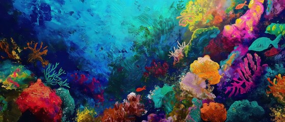 Vivid underwater world: abstract painting of coral reef and fish