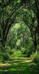 Pathway Through Green Trees Arches A Lush Forest Walkway Scene.