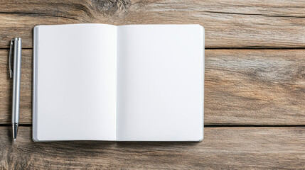 Blank notebook and pen on wooden table, inviting creativity and inspiration