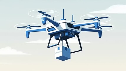 A blue drone delivering a package over a serene landscape with clouds in the background