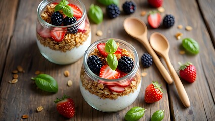 Two Wholesome Yogurt and Granola Parfaits with Fresh Strawberries, Blackberries, and Basil Leaves