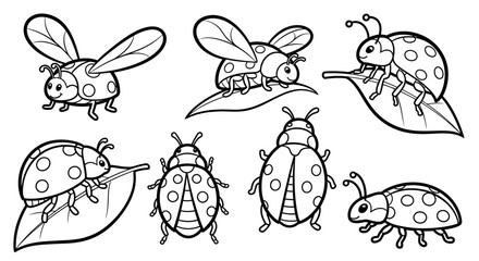 Cute Cartoon Insects Including Bees and Ladybugs, Line Art on an Isolated White Background