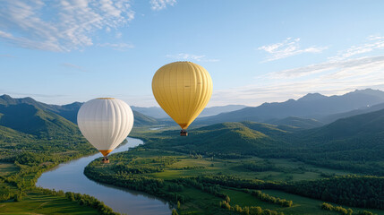 Obraz premium Hot air balloons float gracefully over lush valley, surrounded by mountains and winding river