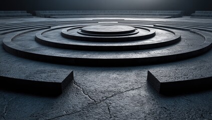 Circular concrete platform, textured surface, dark setting