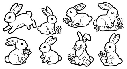 Collection of Cute Rabbits in Various Playful Poses for Coloring Book, Isolated White Background.