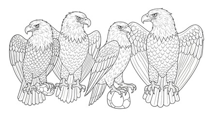 Two Majestic Bald Eagles Perching in a Powerful Stance for Coloring Book, Isolated White Background.
