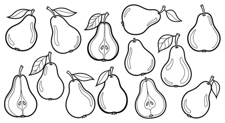 Seamless Pattern of Fresh Pears and Leaves for Coloring Book, Isolated White Background.
