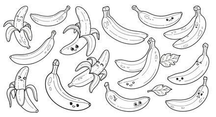 Collection of cute cartoon bananas, some whole and some partially peeled with happy faces, arranged playfully, on an isolated white background.