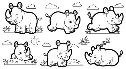 Cute Cartoon Rhinoceroses Playing and Sleeping in the Savanna, Isolated White Background for Coloring Book
