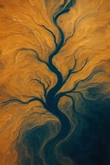 Top-down satellite abstraction of desert and river systems, golden sands intertwining with deep blue streams, resembling cryptic symbols, mystical aura, painterly surreal impression