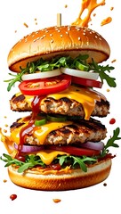 Towering Dynamic Triple Chicken Burger with Melting Cheese, Sauce Splashes, and Fresh Vegetables Isolated on White