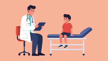 A friendly pediatrician consults a young boy patient during a medical checkup, offering professional care, health advice, and building trust in a welcoming clinic environment