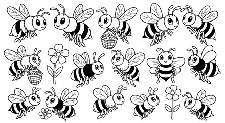 Happy Cartoon Bees Flying Around Flowers, Honey Collection, isolated white background