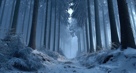 Snow-dusted forest path, misty and serene