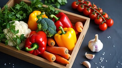 Abundant rustic wooden crate filled with vibrant bell peppers, carrots, broccoli, cauliflower, and cherry tomatoes.