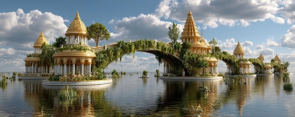 Obraz premium Golden Temple Bridge: Fantasy Island Architecture & Water Scenery