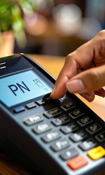 Hand using point of sale terminal transaction in progress