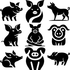 Simple pig silhouette icon set in creative poses. Minimal black and white design, clean vector shapes, perfect for logo, symbol, farm theme, food packaging, mascot, and infographic.