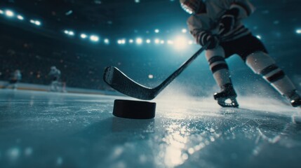 Naklejka premium Ice Hockey Player in Action Hitting Puck on Glimmering Rink