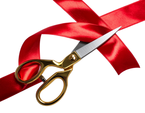 Golden Scissors Cutting Red Ribbon, Ceremony Concept, Isolated PNG