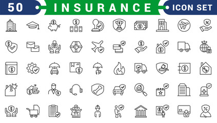 Insurance and assurance icon set. Containing healthcare medical, life, car, home, travel insurance icons. Solid icons vector collection.