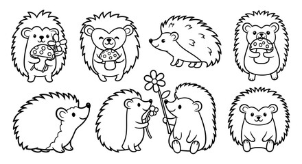 Adorable Cartoon Hedgehogs Collection Holding Flowers and Baskets on Isolated White Background