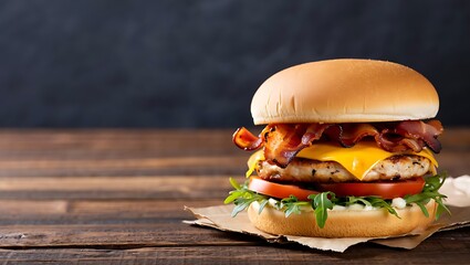 Appetizing Chicken Burger with Melted Yellow Cheese, Crispy Bacon, and Fresh Greens on a Wooden Table