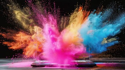 Laptop's screen emits exploding rainbow of colored powder on a dark tabletop, dark backdrop - Powered by Adobe