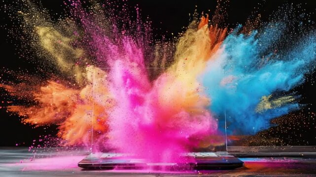 Laptop's screen emits exploding rainbow of colored powder on a dark tabletop, dark backdrop
