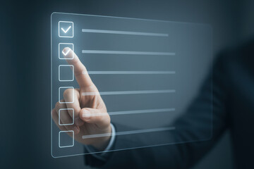 Businessman hand checklist digital interface touchscreen technology selecting option futuristic