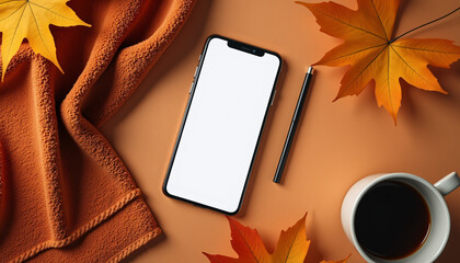 Cozy Autumn Smartphone Coffee and Leaves Flat Lay.