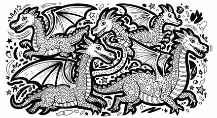 Powerful Flying Dragons Doodle Pattern, Mythological Creatures Black and White Outline on Isolated White Background