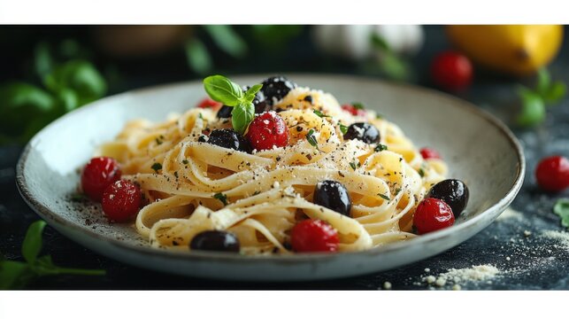 Fettuccine Pasta with Tomatoes and Olives on a Plate - Powered by Adobe