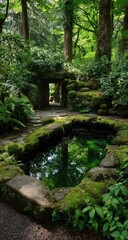 Serene moss-covered stone pool in lush green forest