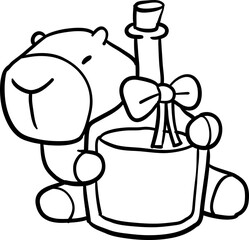 Cartoon capybara Holding Gift Bottle Illustration hand drawn line art black and white coloring