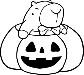 Cartoon Capybara sitting in Halloween pumpkin Illustration hand drawn line art black and white coloring