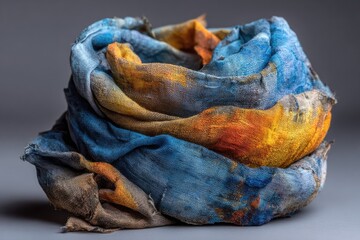 Rolled dyed fabric with blue, orange, and brown hues