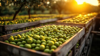 Harvested Olives in Wooden Crates