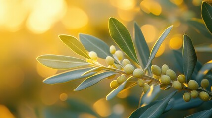 Obraz premium Olive Branch with Green Olives and Leaves in Golden Light
